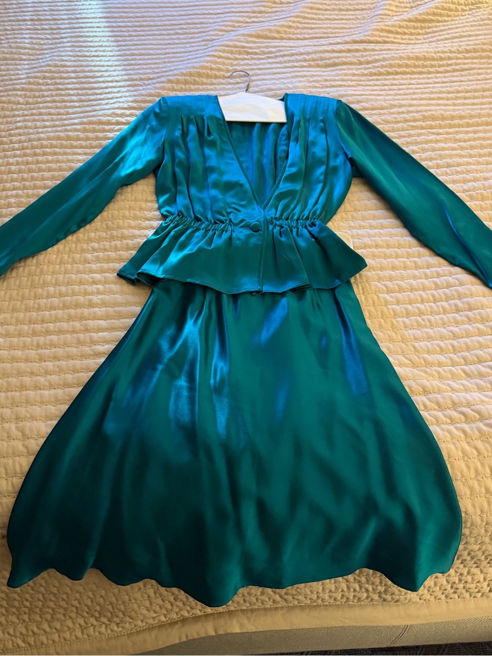 Teal Peplum Silk Dress with Long Sleeves
